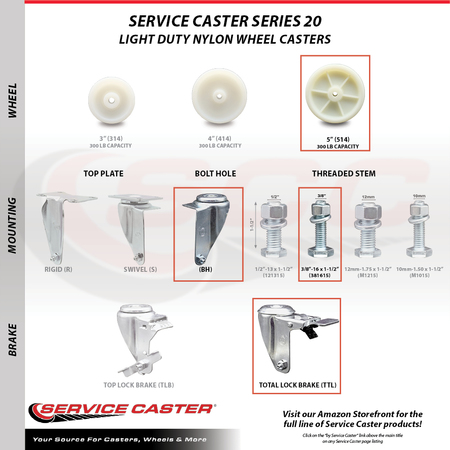 Service Caster 5 Inch SS Nylon Wheel Swivel 3/8 Inch Threaded Stem Caster Set Total Lock Brake SCC-SSTSTTL20S514-NYS-381615-4